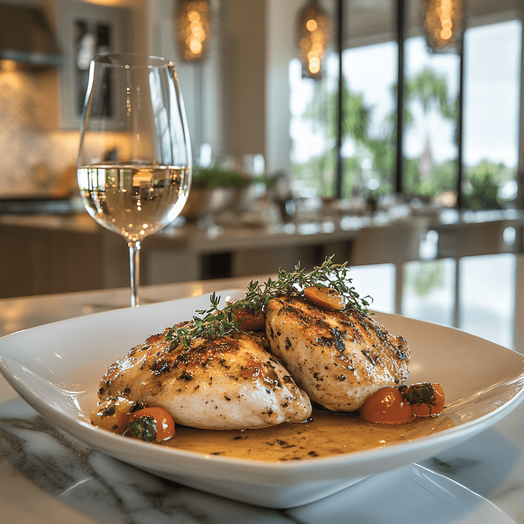 Ruth’s Chris-style stuffed chicken breast plated in a modern luxury kitchen with marble countertops.