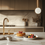 A luxurious modern kitchen with marble countertops featuring sweet potato pancakes with fresh fruit and syrup.