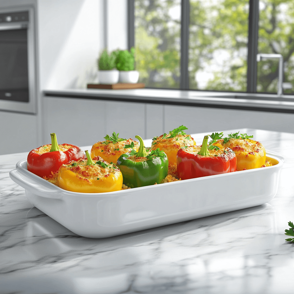 Perfectly baked stuffed peppers garnished with fresh parsley in a modern kitchen setting.