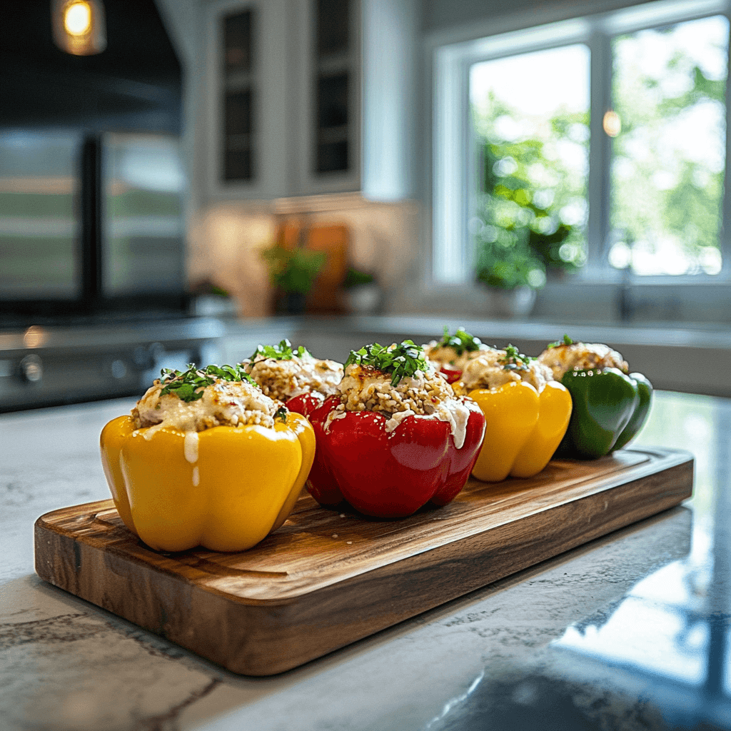 Luxurious modern kitchen countertop featuring vibrant stuffed bell peppers without rice topped with melted cheese and fresh herbs.