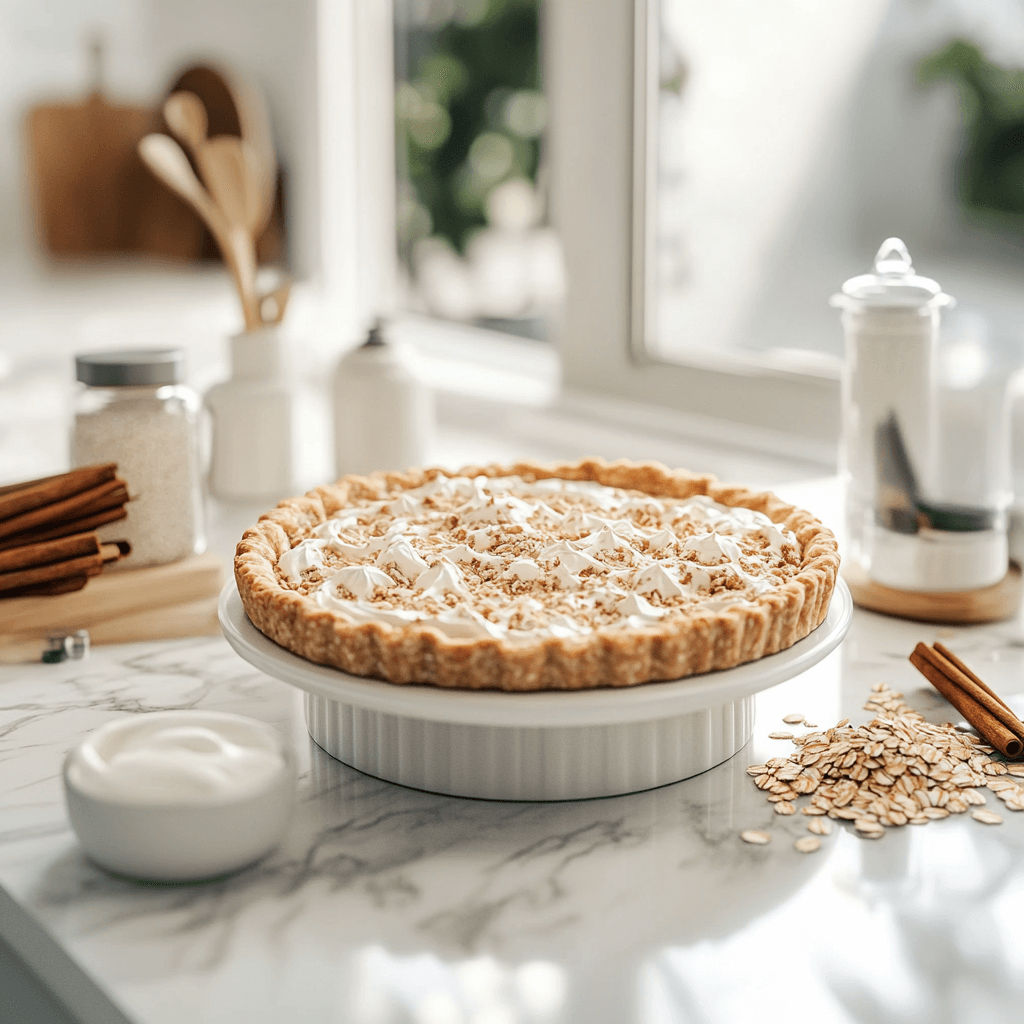 Homemade oatmeal cream pie on a white marble countertop in a modern luxury kitchen, surrounded by baking ingredients and warm natural light.