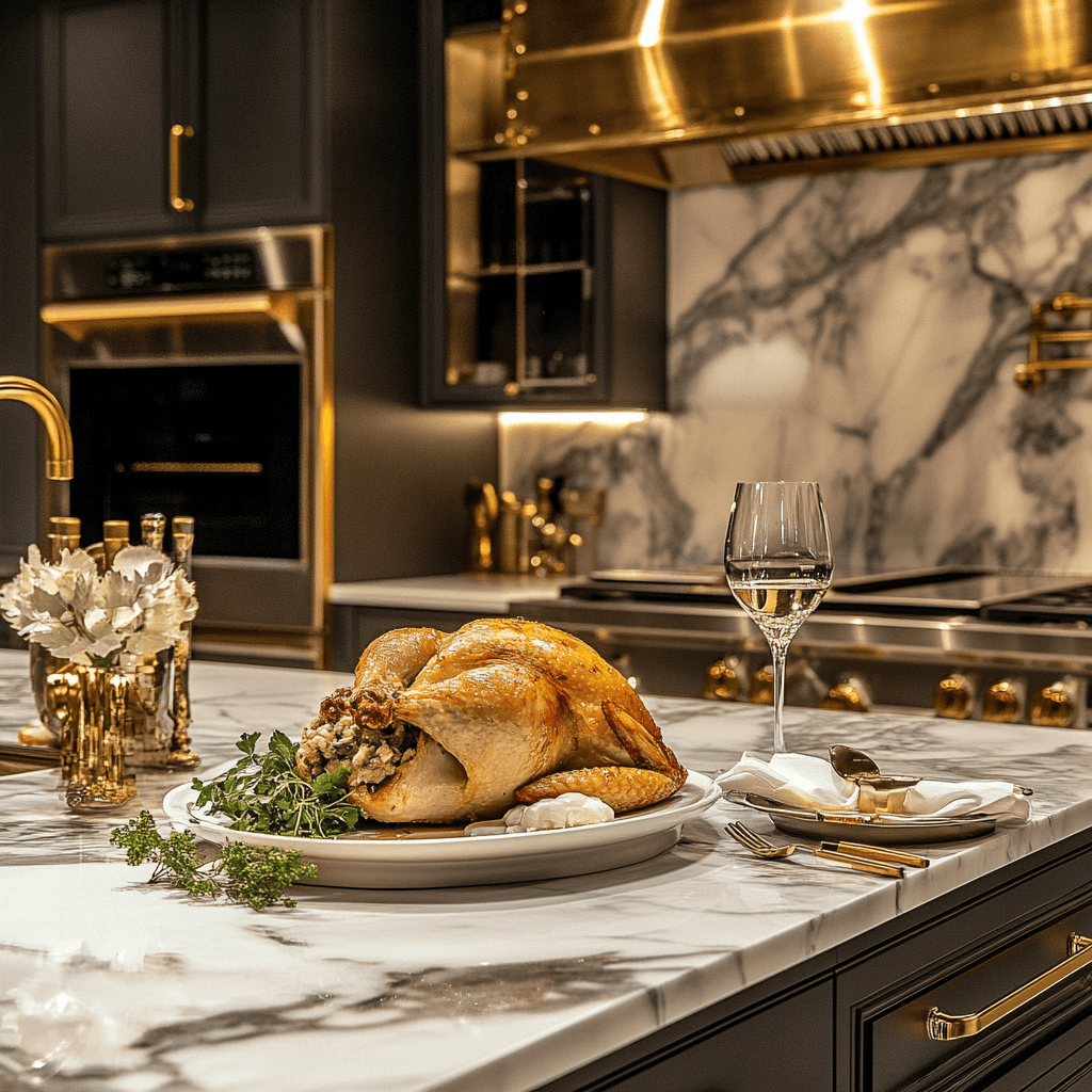 Ruth Chris Stuffed Chicken beautifully plated in an opulent modern kitchen with marble countertops.