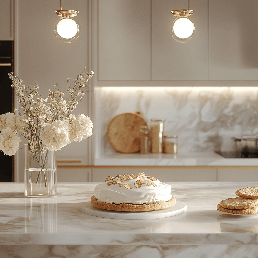 Luxurious modern kitchen with a marble countertop showcasing a perfectly styled Oatmeal Cream Pie, featuring its creamy white filling and chewy oatmeal cookies, surrounded by elegant decor and high-end appliances.