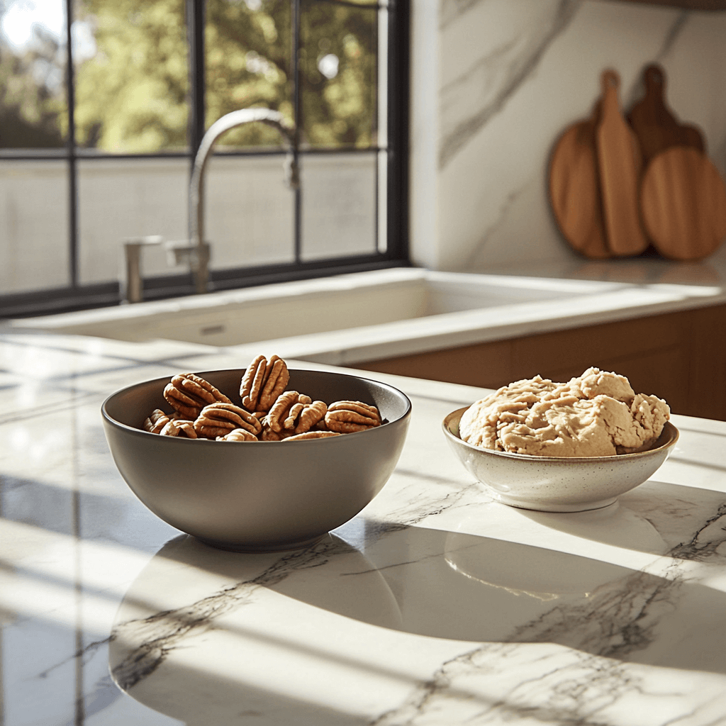 Luxurious modern kitchen with toasted pecans and cookie dough on a marble countertop.