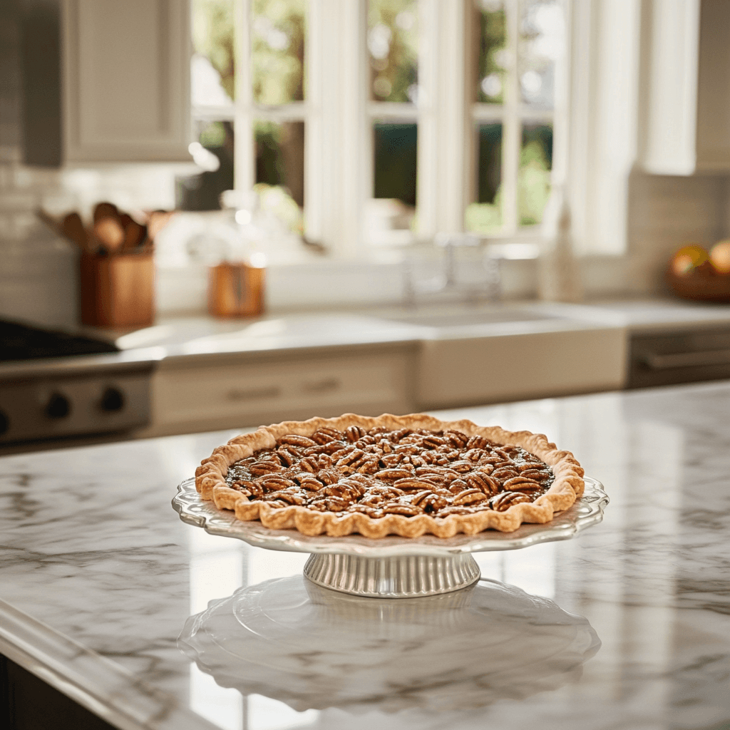 Store-bought pecan pie displayed in a modern luxury kitchen with marble countertops and stainless steel appliances