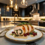 Stuffed chicken breast plated beautifully in a luxurious modern kitchen with marble countertops and gold-accented decor.