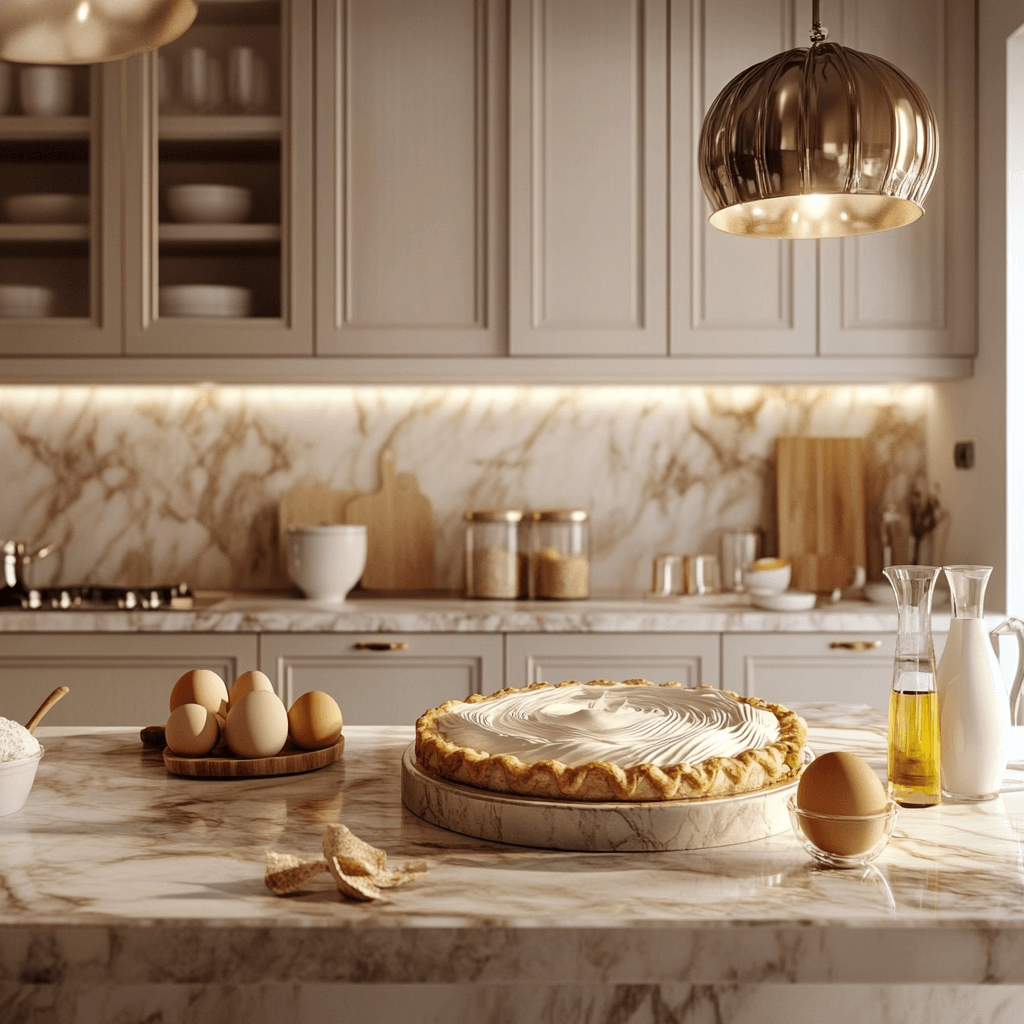 A beautifully decorated cream pie displayed on a marble countertop in a luxurious modern kitchen with sleek cabinetry.