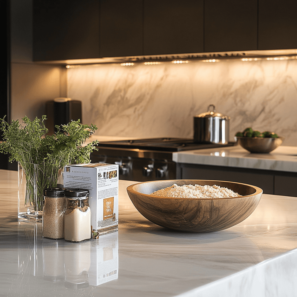Luxurious modern kitchen with breadcrumbs and stuffing mix on a marble countertop.