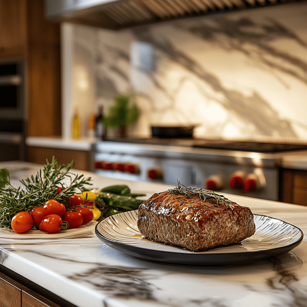 A perfectly baked meatloaf with Stove Top stuffing, glazed with ketchup, served on a designer plate in a modern luxury kitchen.