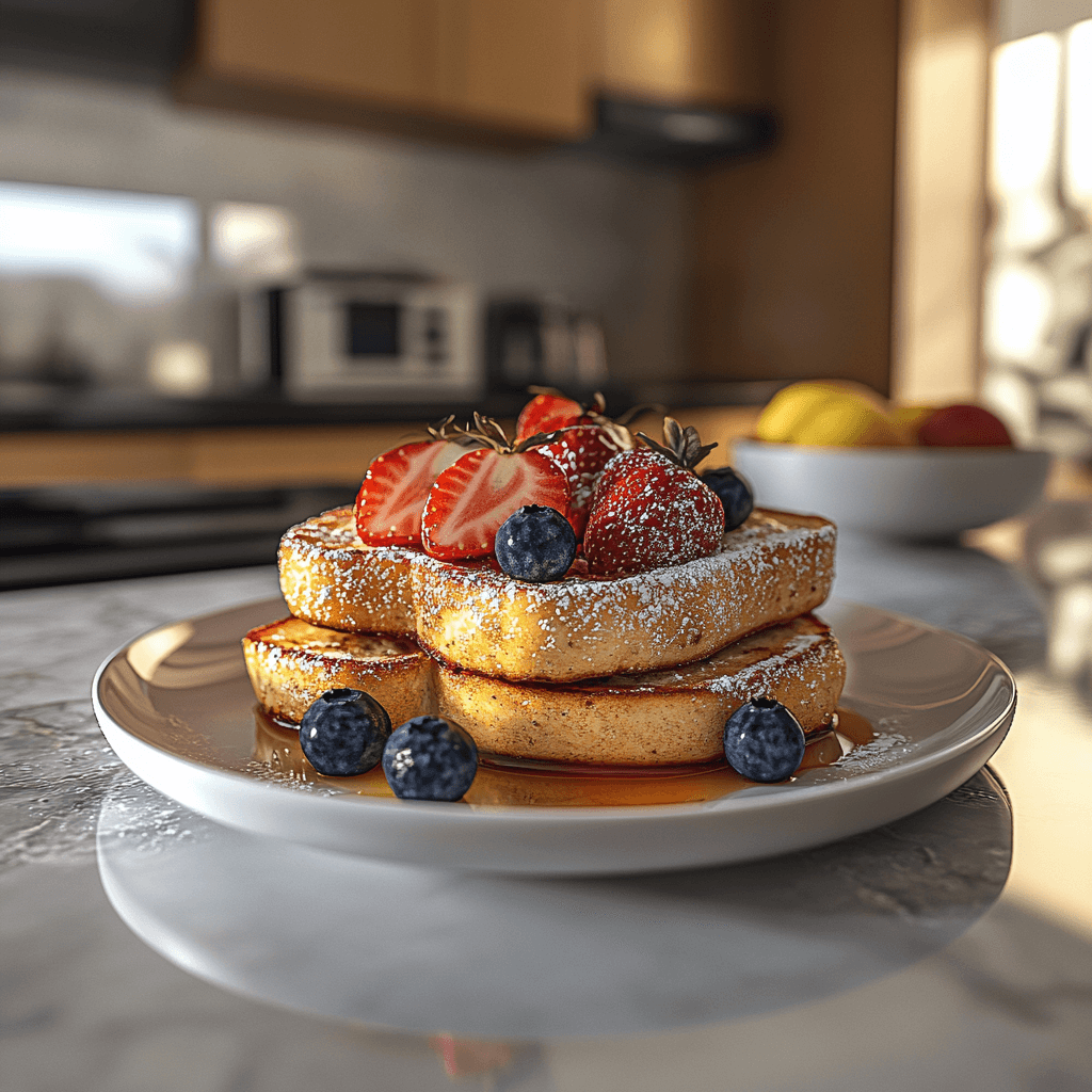 A realistic plate of stuffed French toast with berries and syrup in a warm, modern kitchen.