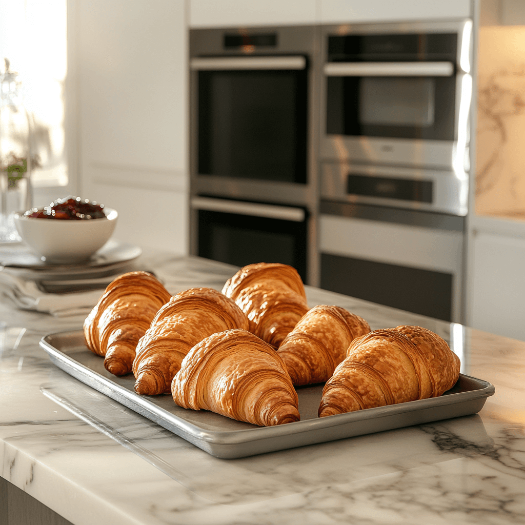 Modern luxury kitchen showcasing freshly baked croissants after filling them before baking with chocolate and jam