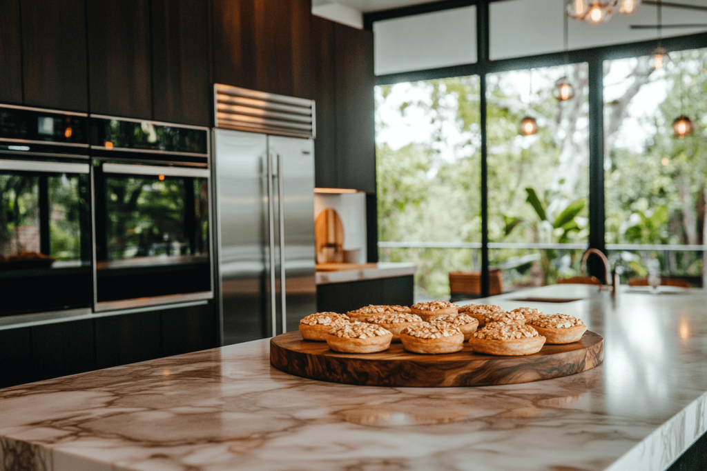 A luxurious modern kitchen featuring dark wood cabinetry, a marble island with a tray of oatmeal creme pies, and stainless steel appliances, illuminated by warm ambient lighting with a view of greenery through large windows.
